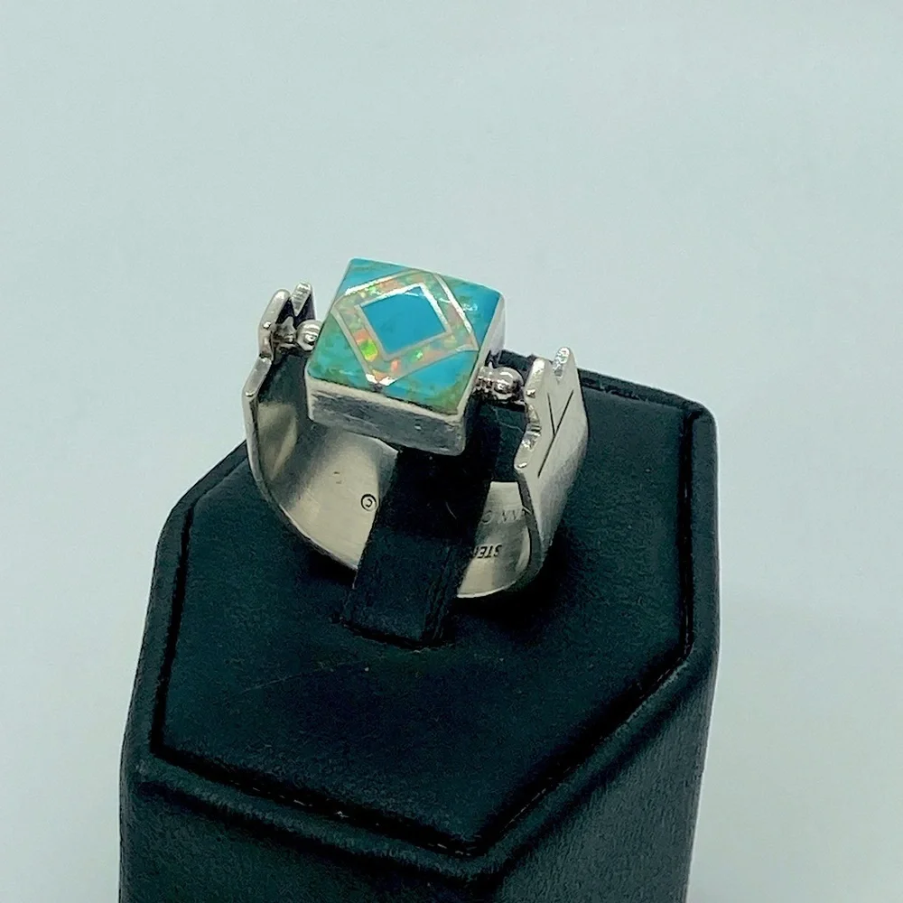 Vtg Navajo Sterling Turquoise & Opal Wide Modernist Style Ring Sz 7.5 Ann Curley - Picture 6 of 13